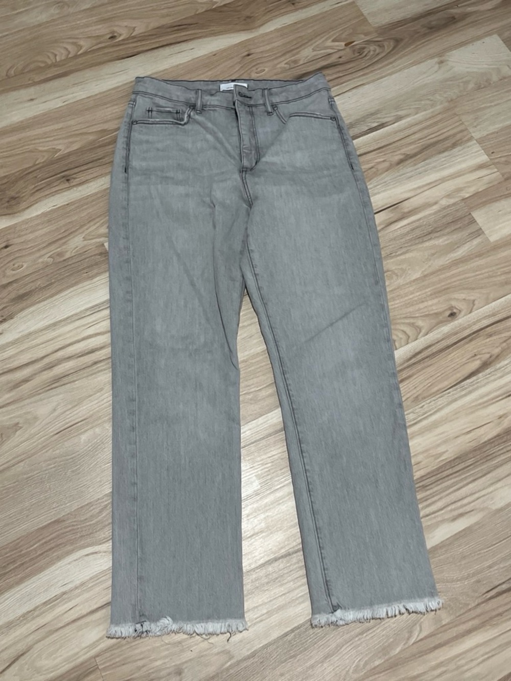 LOFT Light Gray Straight-Leg Jeans with Frayed Hem